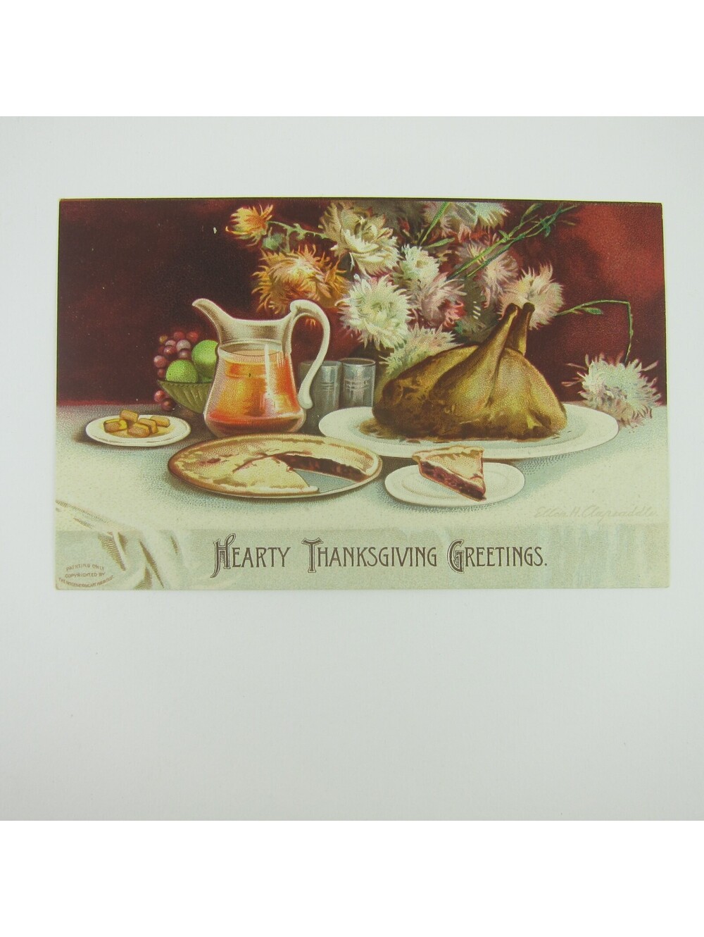 Thanksgiving Postcard Meal Table Turkey Pie Fruit Flowers Embossed Antique 1907